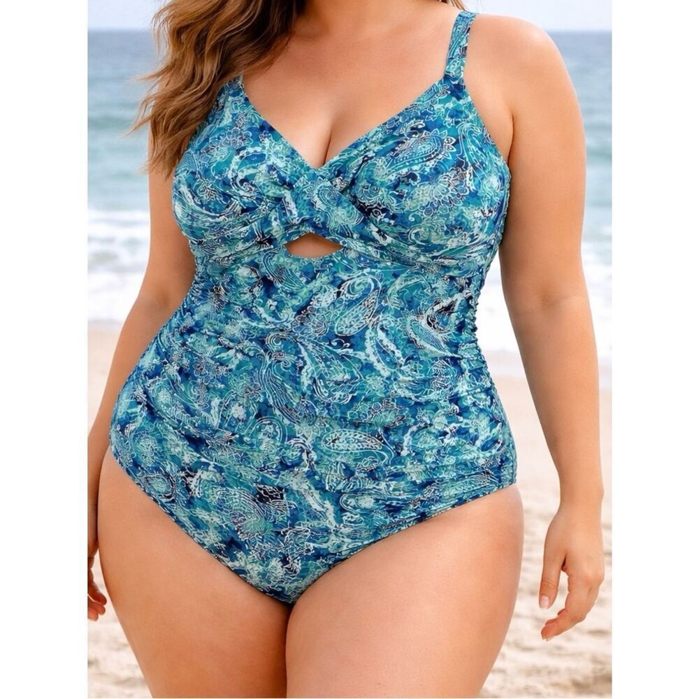 Plus-Size Blue Paisley One-Piece Swimsuit with Twist Front